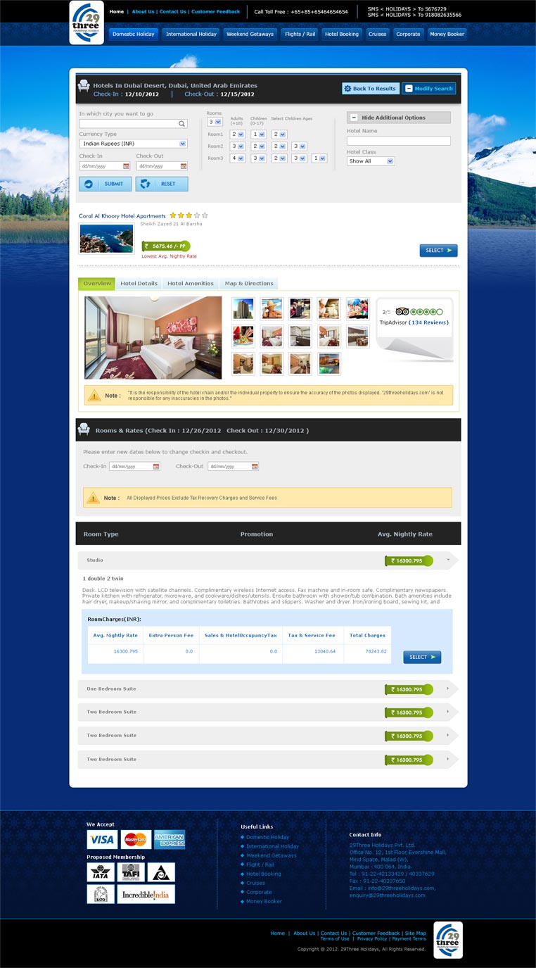 29Three Holidays hotel information page design