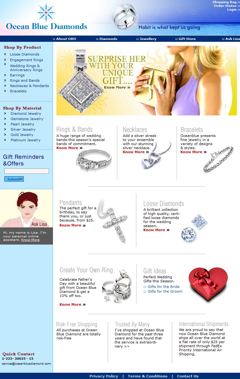 Ocean Blue Diamonds Home Page Layout