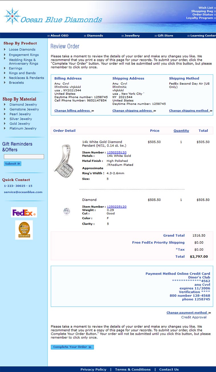 Ocean Blue Diamonds review order page layout