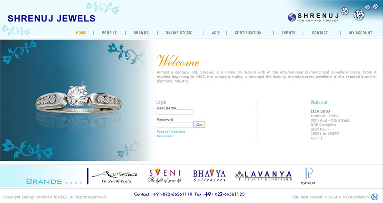 Shrenuj Jewels Home page layout