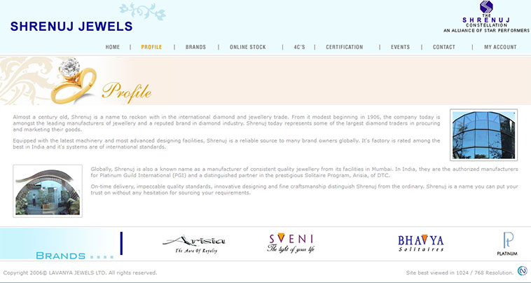 Shrenuj Jewels Profile page layout