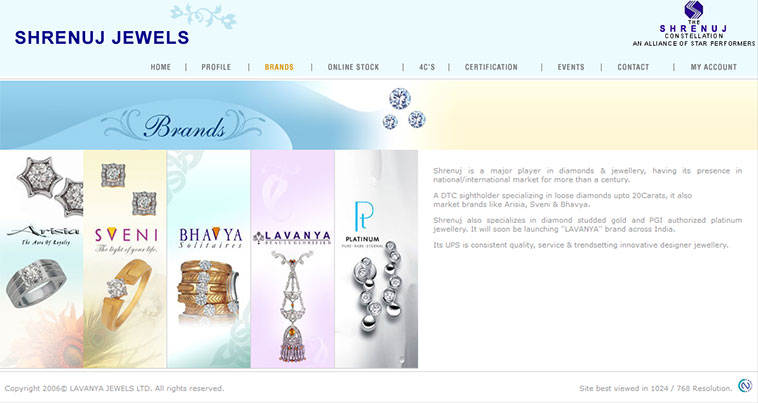 Shrenuj Jewels Brands page layout