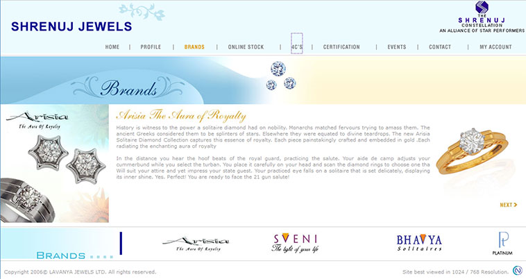 Shrenuj Jewels Brands Arisia page layout