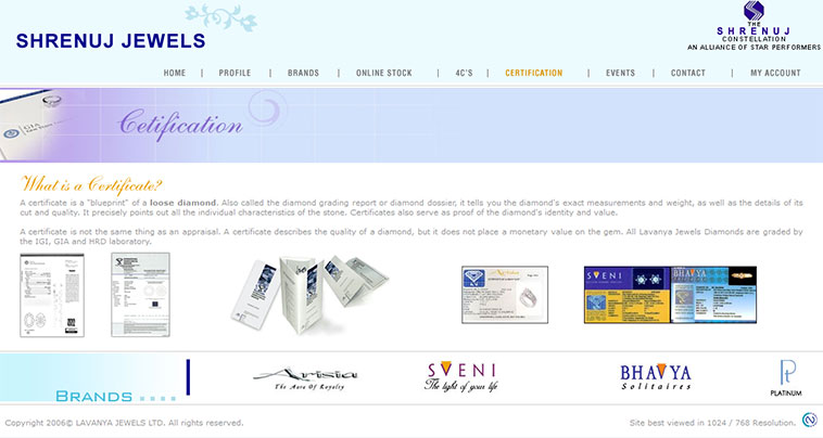 Shrenuj Jewels Certification page layout