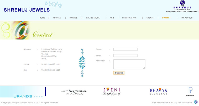 Shrenuj Jewels Contact page layout