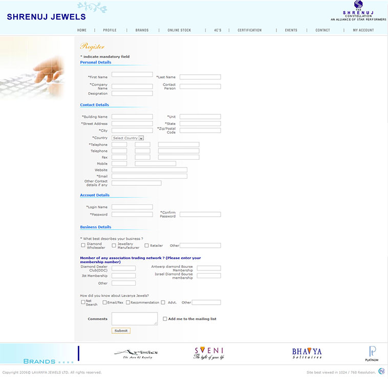 Shrenuj Jewels Register page layout